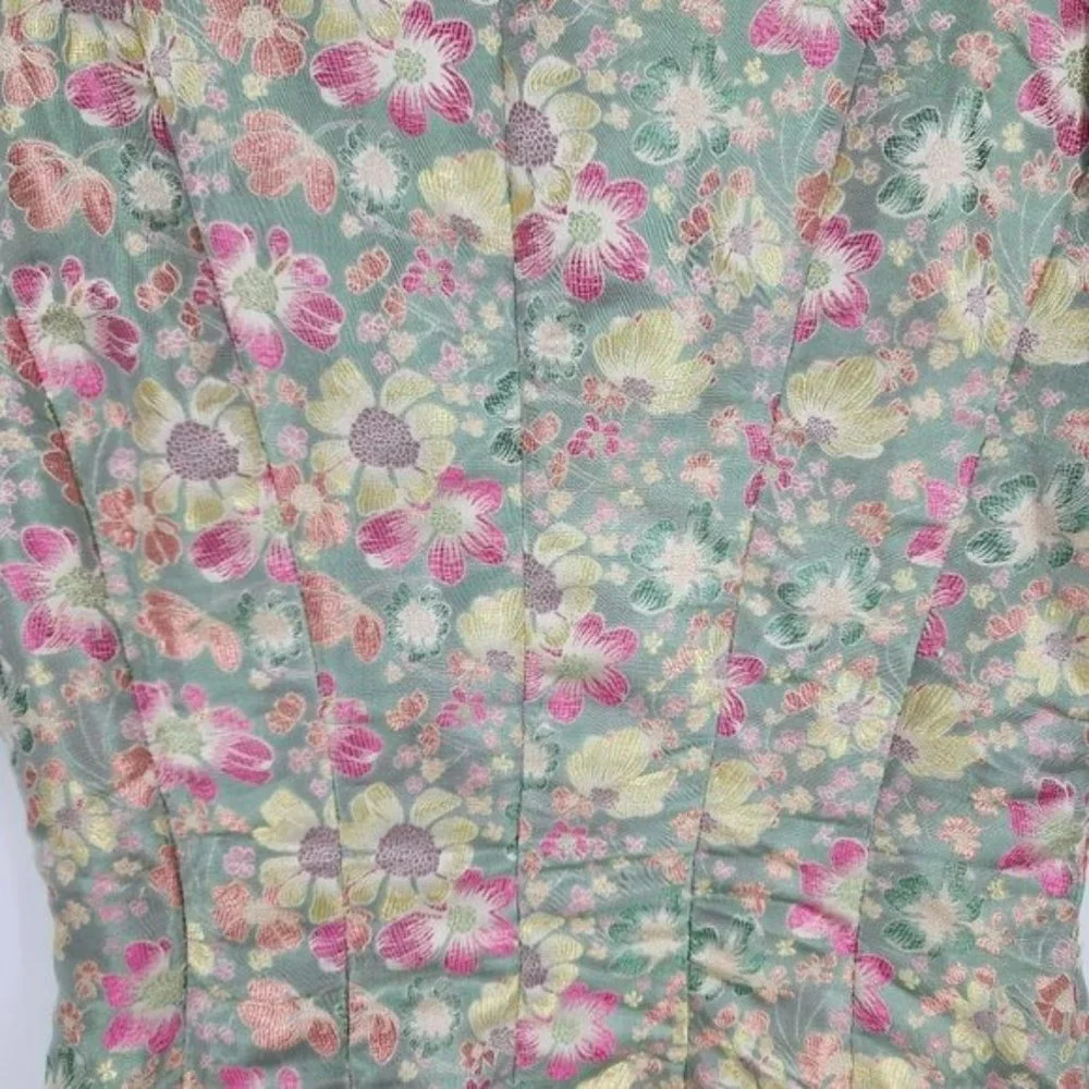 Shein Mini Dress S Pink Colorful Metallic Floral Puff Sleeve Button Front Pleat - Picture 9 of 12